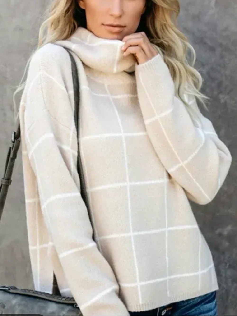 VICI/Lumiere Tan & White Grid Pattern, Cowl Neck Sweater, S